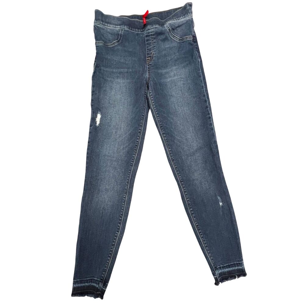 Spanx Skinny Jeans Womens Large Blue Distressed Denim Jeggings Released Hem Slim
